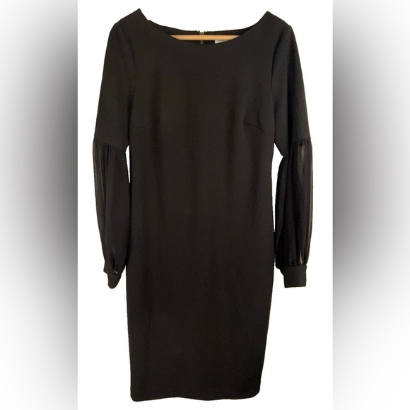 Calvin Klein  Womens Size 10 Long Sleeve Sheath Dress  Black Gold Zip Sheer Slvs - Picture 1 of 12